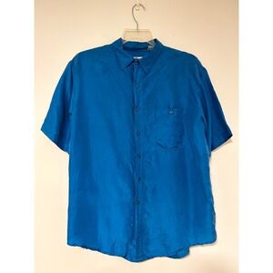 Impact Mens Vintage 100% Washable Silk Short Sleeve Button Down Shirt Blue L